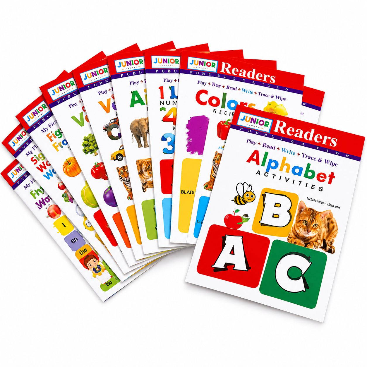 Dua Publications Junior Readers – Reusable Wipe & Clean Learning Activity Book Set (10 Books + Markers)